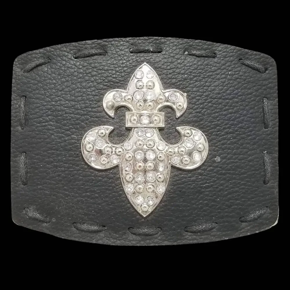 Vintage Belt Buckle Black Leather Metal Back Fleur De Lis Goth Unisex